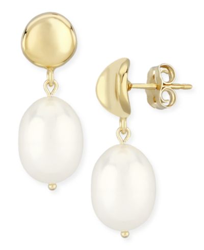 Macy's Cultured Freshwater Pearl Oval Drop Earrings (8 x 10mm) in 14k Gold
