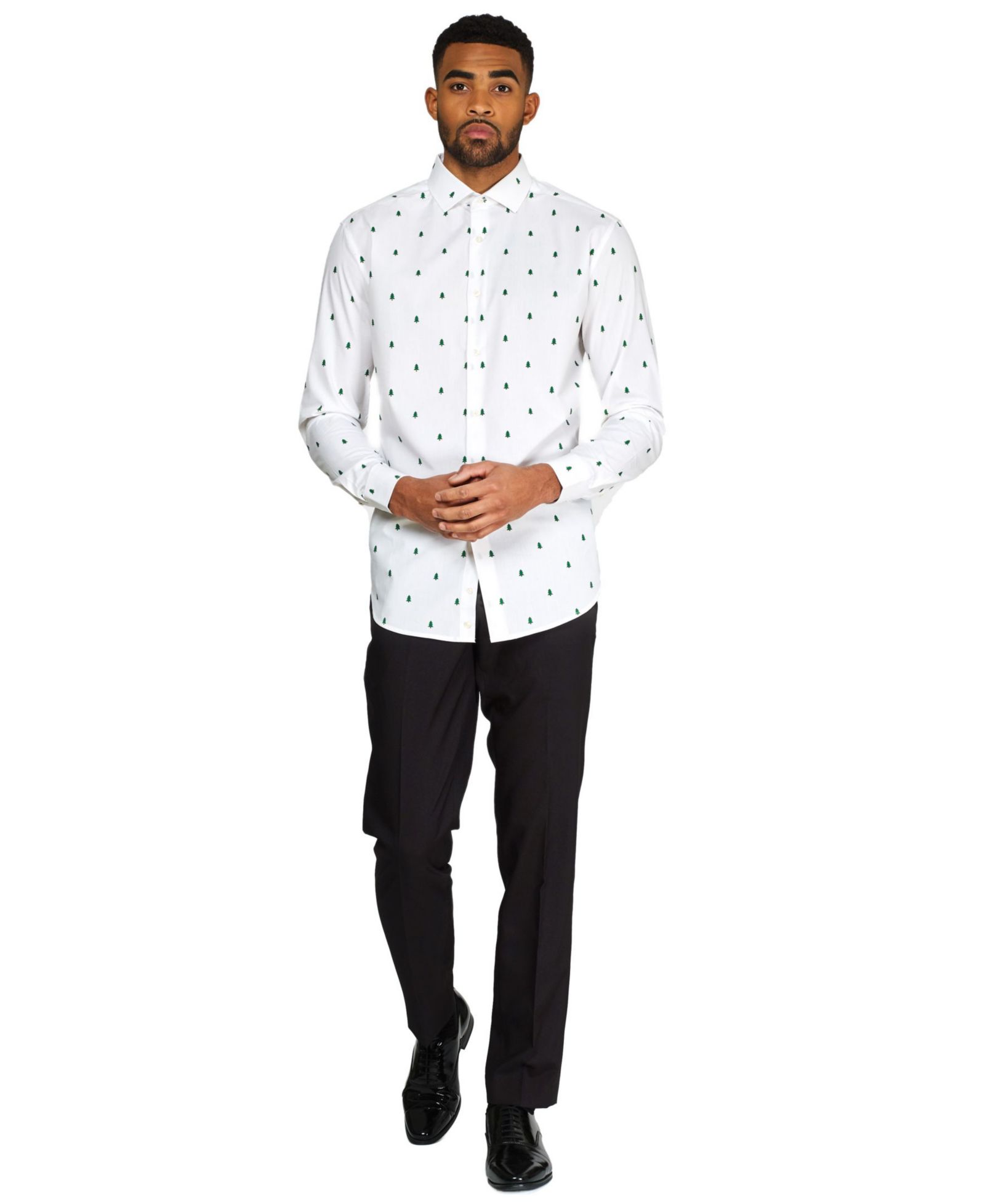 OppoSuits Men's Christmas Shirt - Festive Pine Tree Icons Button Up Dress Shirt - Slim Fit - White - Long sleeve