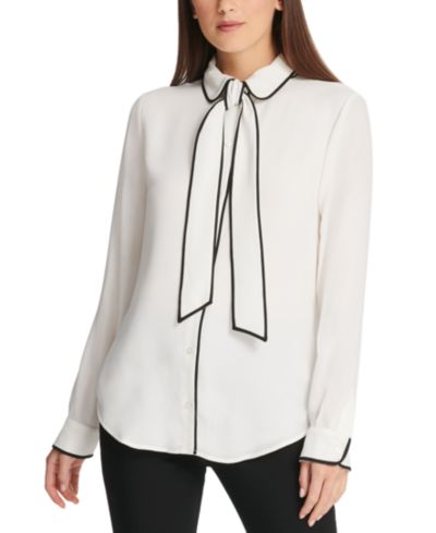 DKNY Petite Piped-Trim Button-Up Blouse, Created for Macy's