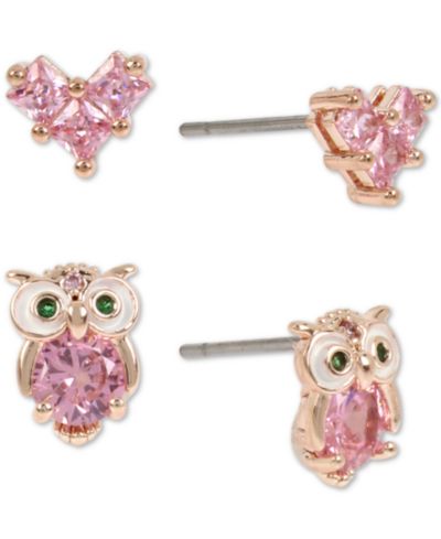 Серьги-гвоздики Betsey Johnson Crystal Owl & Heart, Rose Gold-Tone, 2-Pc. Set