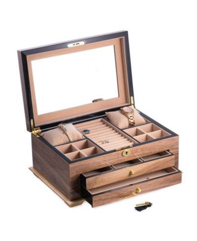 Bey-Berk Walnut 3 Level Jewelry Box with Gold tone  Accents and Locking Lid