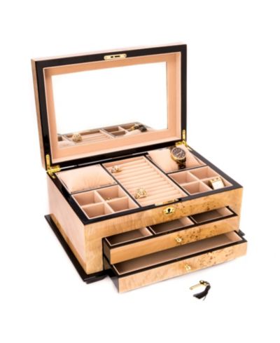 Bey-Berk Birdseye Maple 3 Level Jewelry Box with Gold tone  Accents and Locking Lid