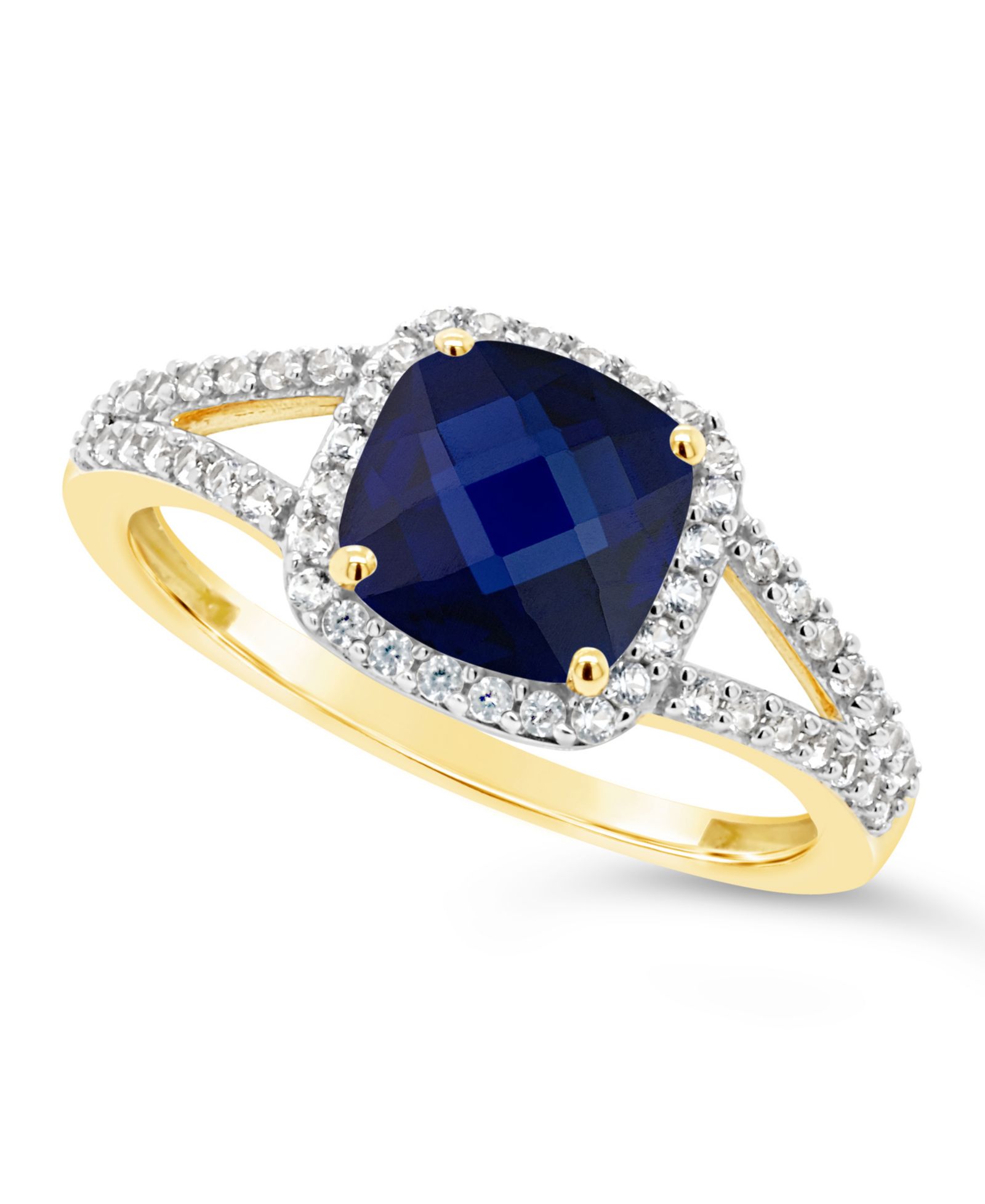 Кольцо с выращенным сапфиром (2 ct. t.w.) и выращенным белым сапфиром (1/4 ct. t.w.) в 10k желтом золоте