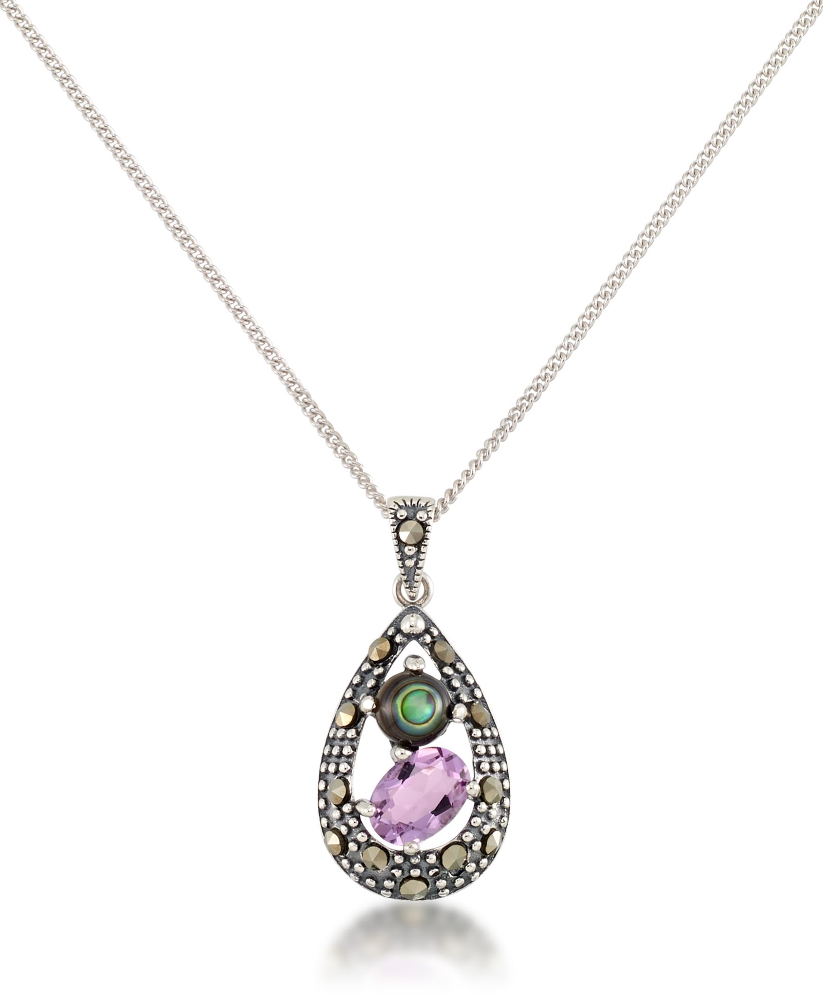 Marcasite, Amethyst (7/8 ct. t.w.) and Abalone (1-1/2 ct. t.w.) Teardrop Pendant+18" Chain in Sterling Silver