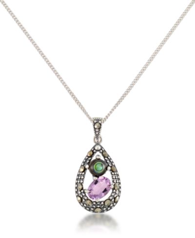 Подвеска Macy's Marcasite, Amethyst (7/8 ct. t.w.) and Abalone (1-1/2 ct. t.w.) Teardrop+18" Chain в Sterling Silver