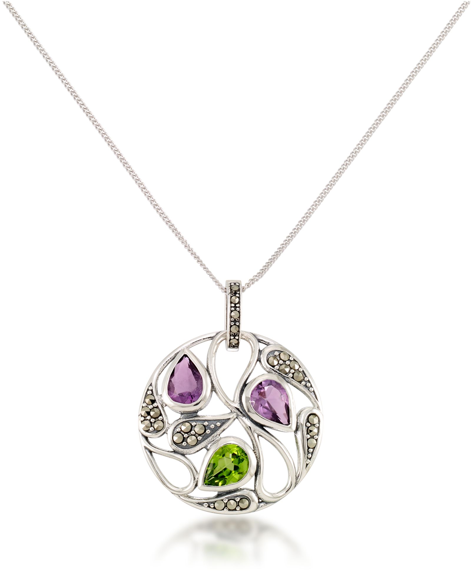 Подвеска с аметистом и перидотом в серебряном покрытии Paisley Round +18" Chain