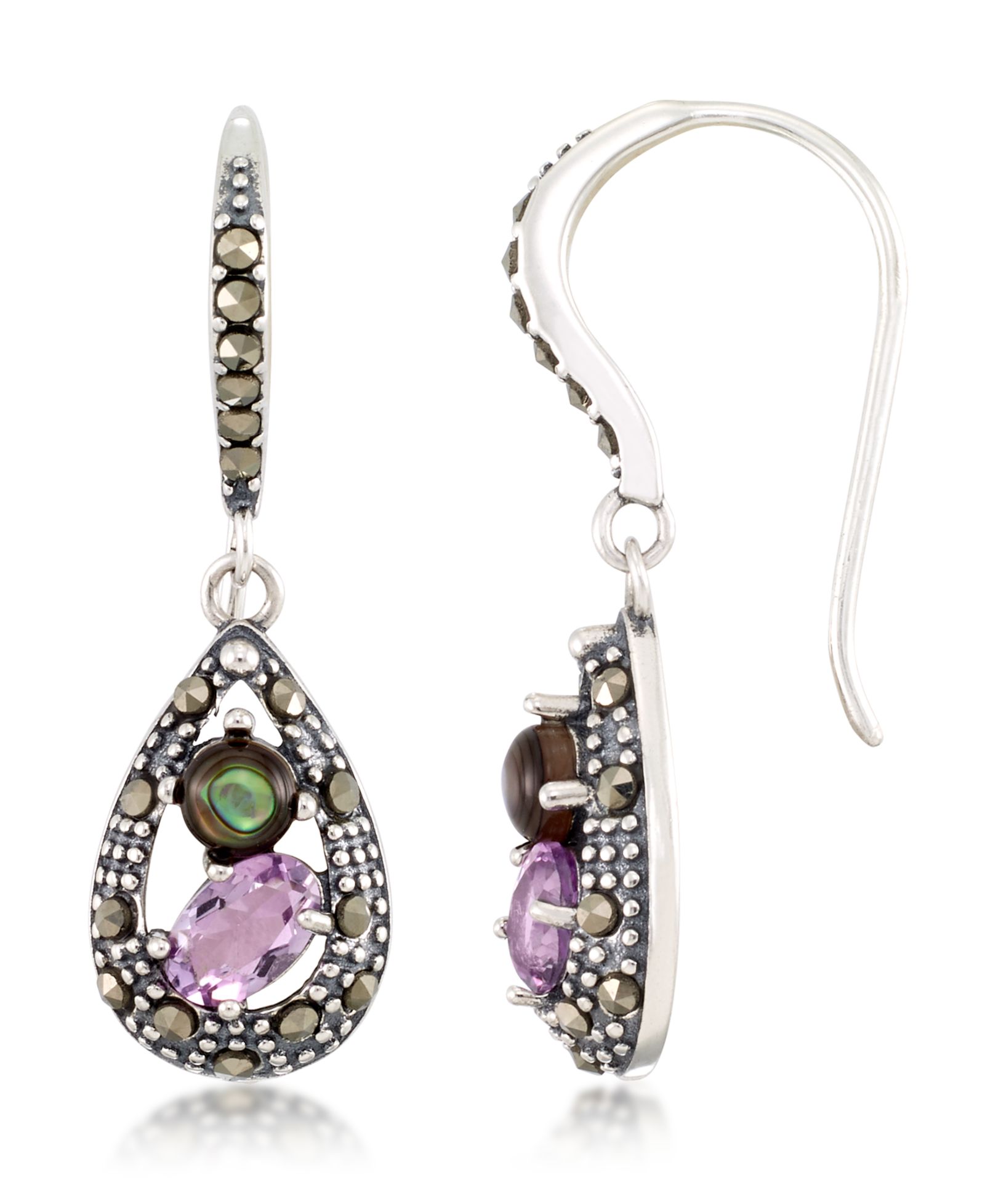 Серьги Marcasite, Amethyst (9/10 ct. t.w.) и Abalone (1-9/10 ct. t.w.) Teardrop Wire из стерлингового серебра
