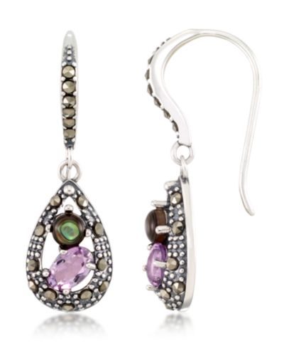 Marcasite, Amethyst ( 9/10 ct. t.w.) and Abalone (1-9/10 ct. t.w.)  Teardrop Wire  Earrings in Sterling Silver