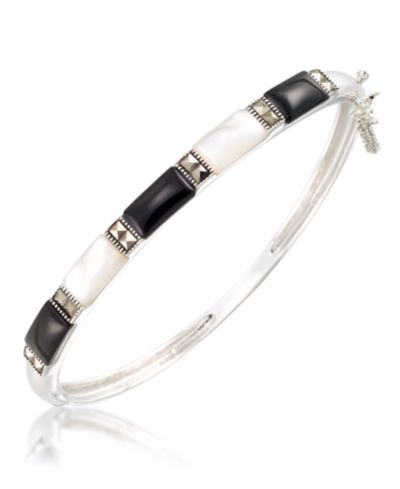 Marcasite, Onyx and Mother Of Pearl Bangle in Sterling Silver