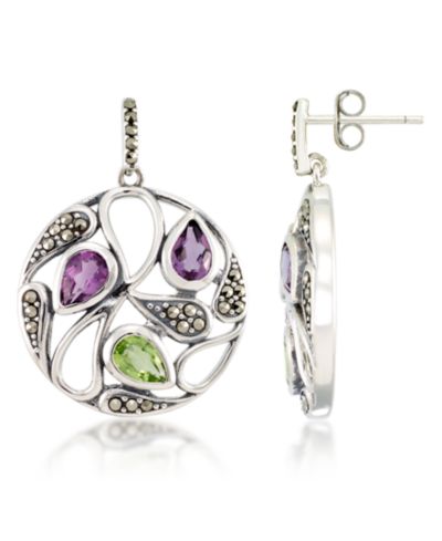 Marcasite and Amethyst(1 ct. t.w.)  and Peridot ( 2 ct. t.w.) Paisley Round Post Earrings in Sterling Silver