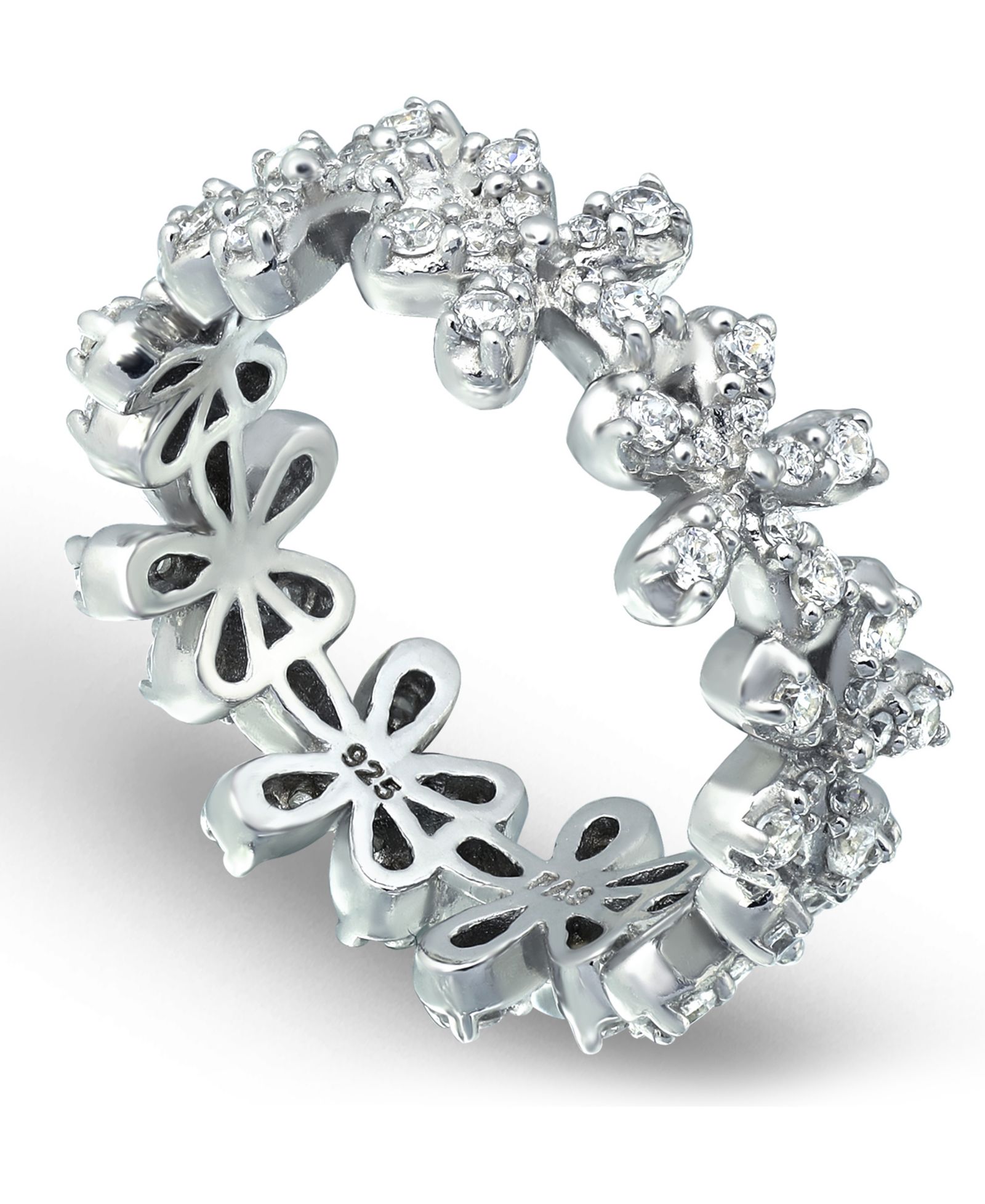 Cubic Zirconia Flower Band Ring in Silver Plate & 18K Gold Plate