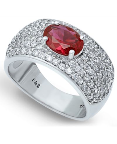 Cubic Zirconia Pavé Band Ring with Red CZ Oval Center Prong Stone in Silver Plate
