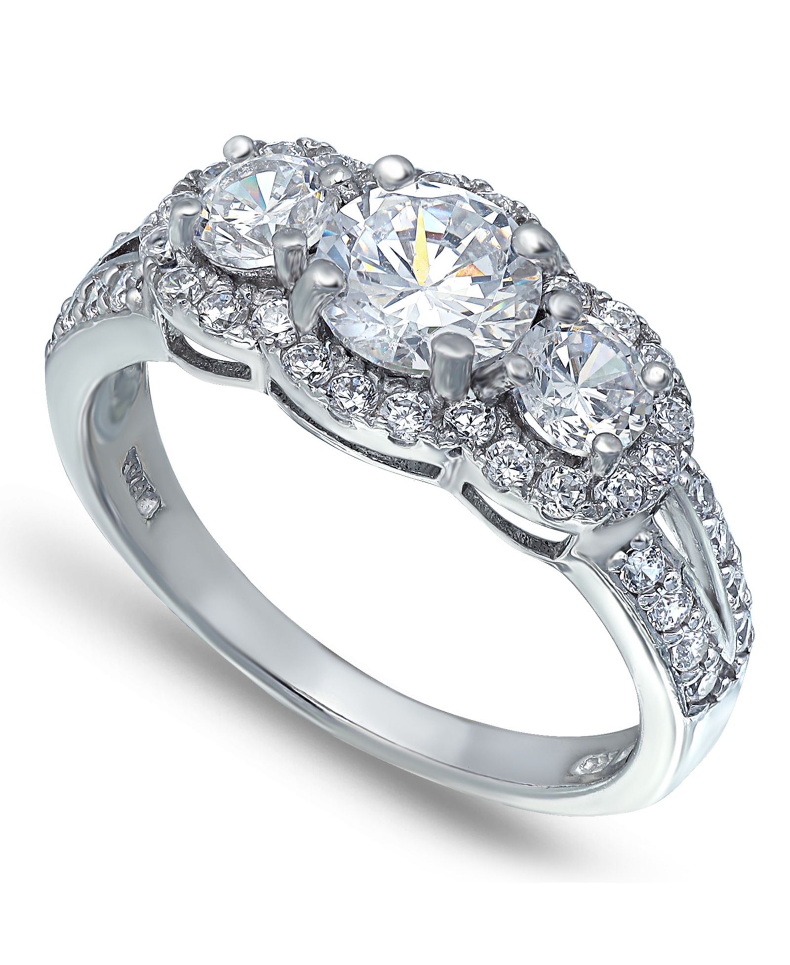 Cubic Zirconia Round 3 Stone Halo Ring in Silver Plate