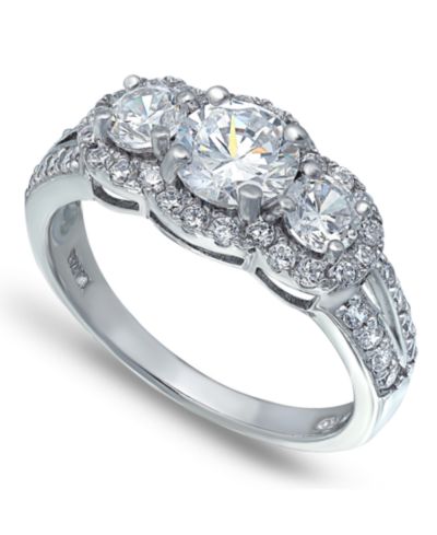 Cubic Zirconia Round 3 Stone Halo Ring in Silver Plate