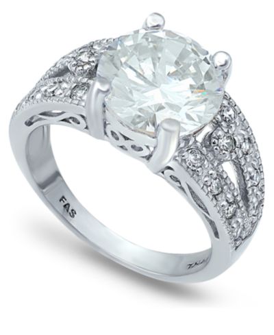 Cubic Zirconia Round Center Stone Split Shank Ring in Silver Plate