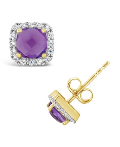 Garnet (1-1/2 ct. t.w.) and Lab Grown White Sapphire (1/5 ct. t.w.) Halo Stud Earrings in 10k Yellow Gold. Also Available in Amethyst (1 ct. t.w.) and Blue Topaz (1-1/3 ct. t.w.)