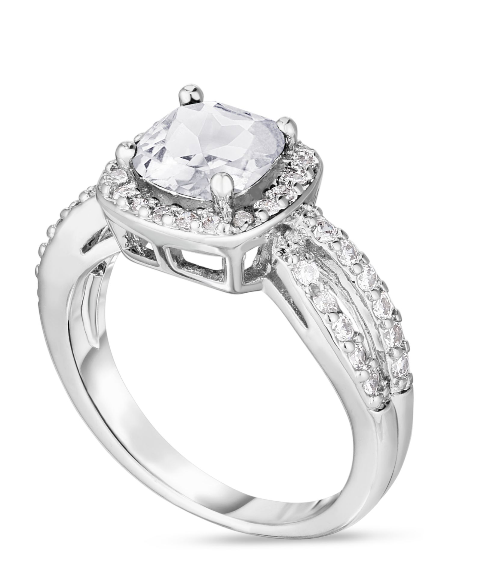 Simulated Birthstone Cushion Cubic Zirconia Halo Solitaire Ring in Silver Plate