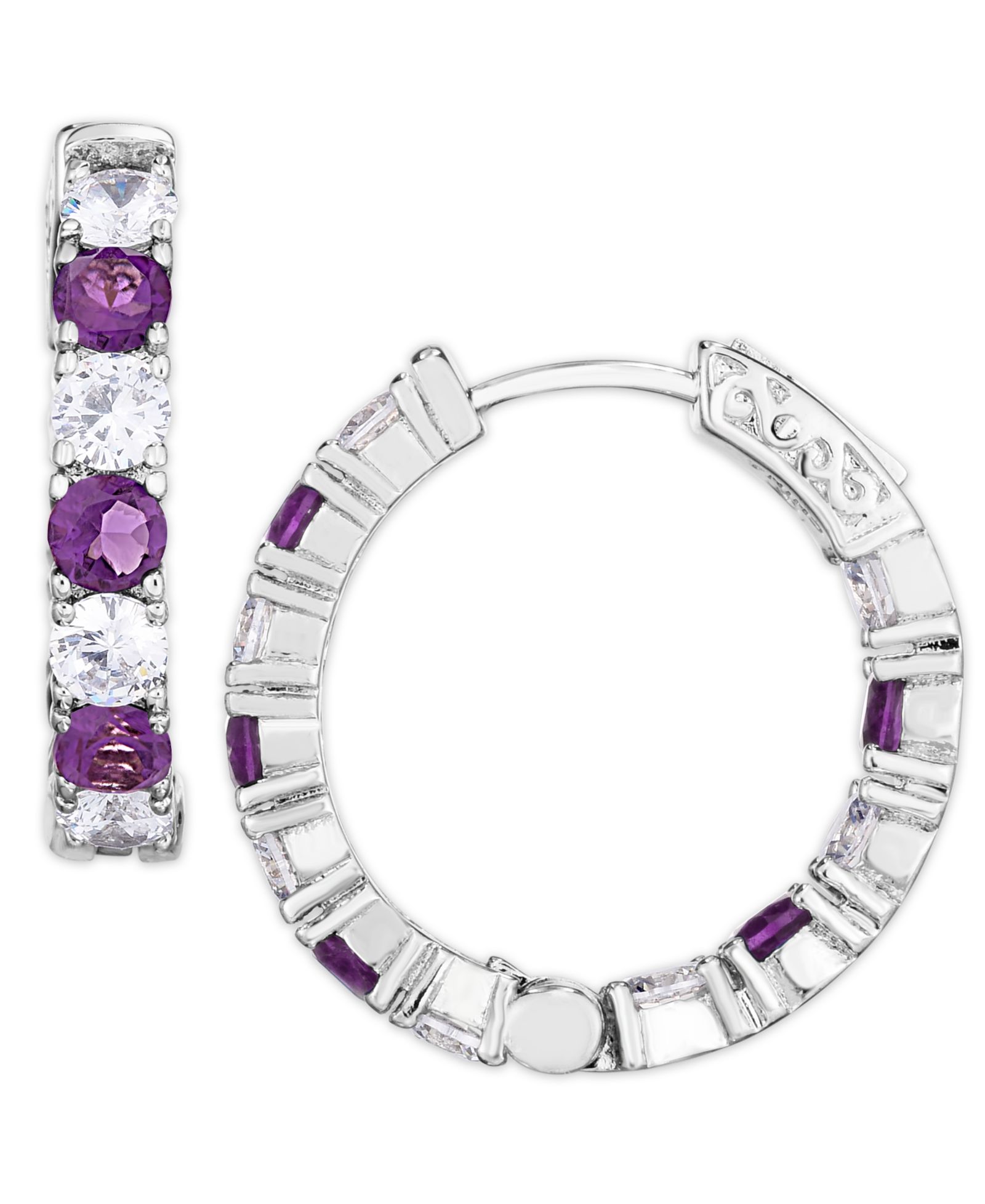 Simulated Cubic Zirconia Alternating Hoop Earrings in Silver Plate