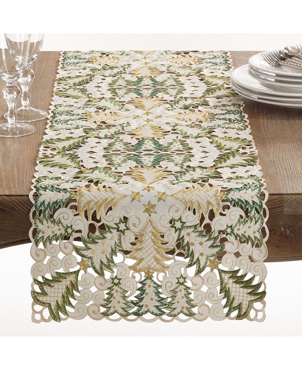Saro Lifestyle Panettone Collection Holiday Christmas Tree Cutwork Table Runner
