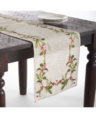 Saro Lifestyle Embroidered Holly Design Holiday Linen Blend Table Runners