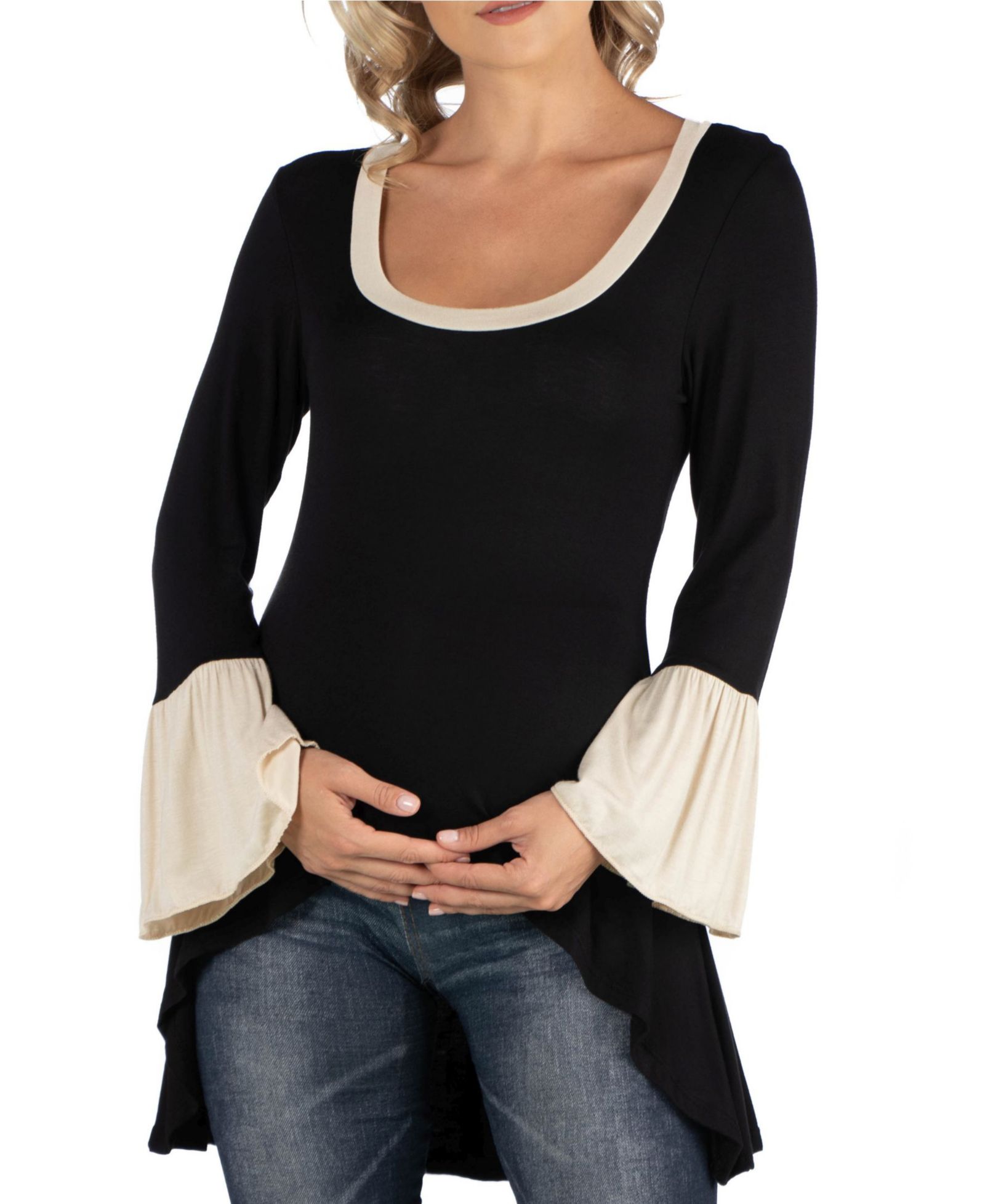 24Seven Comfort Apparel Swing High Low Bell Sleeve Maternity Tunic Top