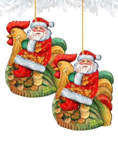 Деревянное рождественское украшение Designocracy Santa Rooster, набор из 2 шт.