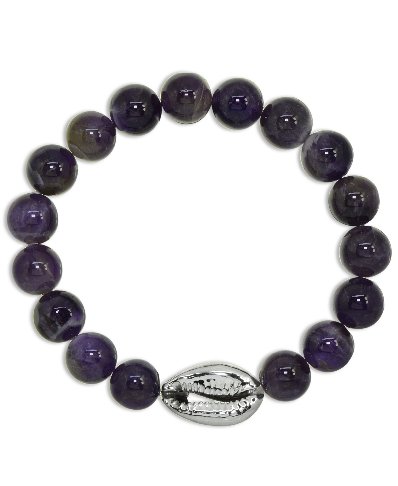 Genuine Stone Bead Puka Cowrie Shell Stretch Bracelet in Silver Plate or Gold Plate