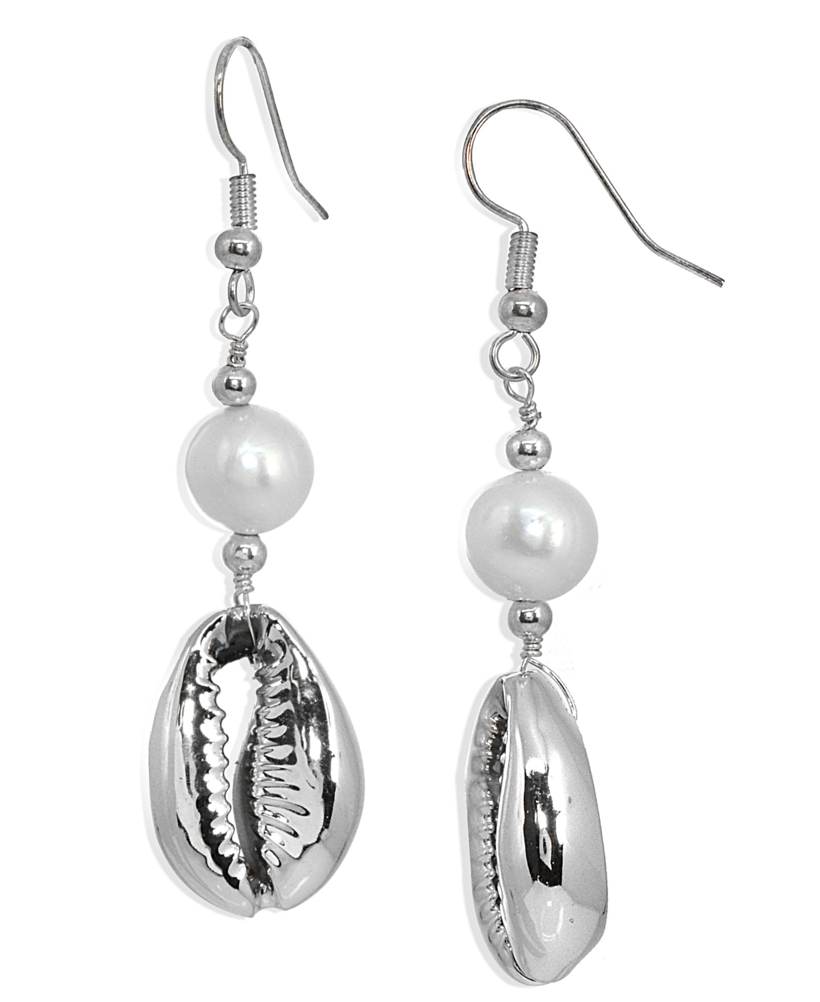 Freshwater Pearl Puka Shell Drop Earring in Silver Plate