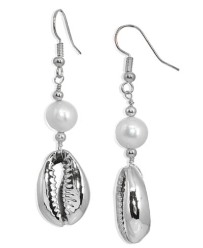 Freshwater Pearl Puka Shell Drop Earring in Silver Plate