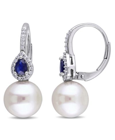 Серьги-капли с натуральным жемчугом (9-9.5mm), сапфиром (3/8 ct. t.w.) и бриллиантом (1/8 ct. t.w.) в белом золоте 14k