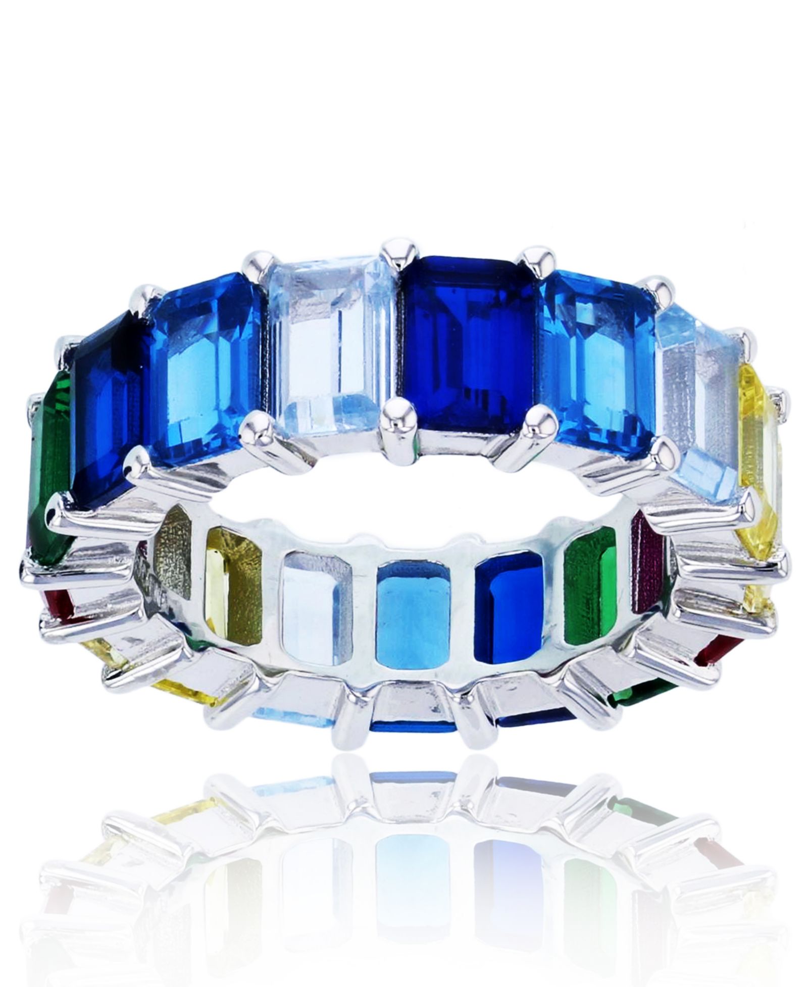 Кольцо Macy's Rainbow Colored Emerald Cut Cubic Zirconia Eternity Band в Rhodium Plated Sterling Silver