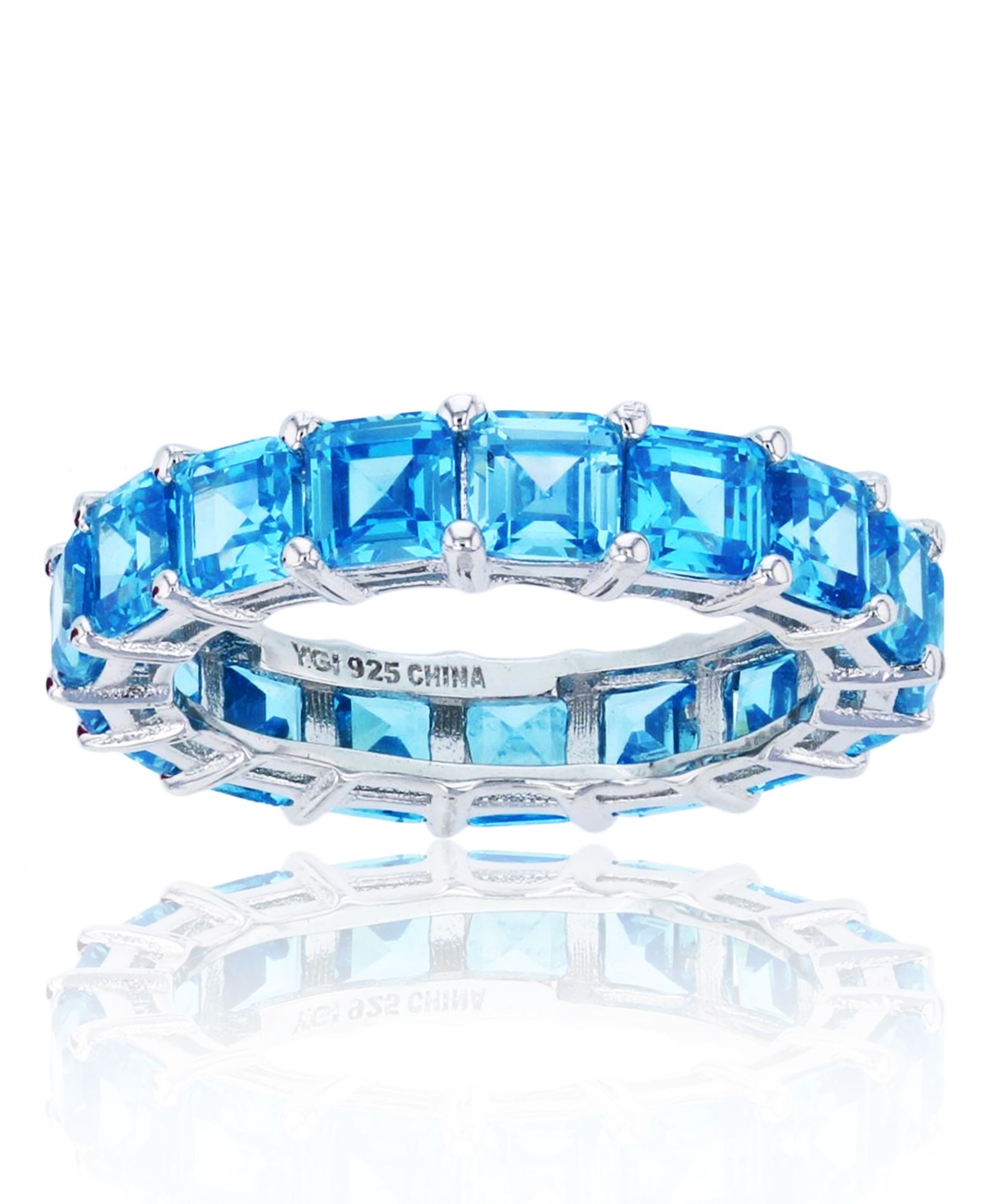 Кольцо Eternity Band Blue Princess Cut Cubic Zirconia в Rhodium Plated Sterling Silver