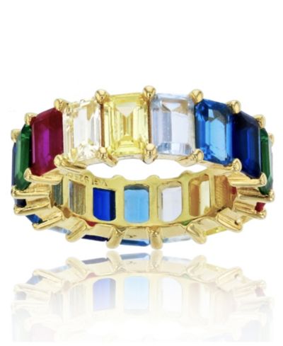 Rainbow Colored  Emerald Cut Cubic Zirconia Eternity Band in 14k Yellow Gold Plated Sterling Silver
