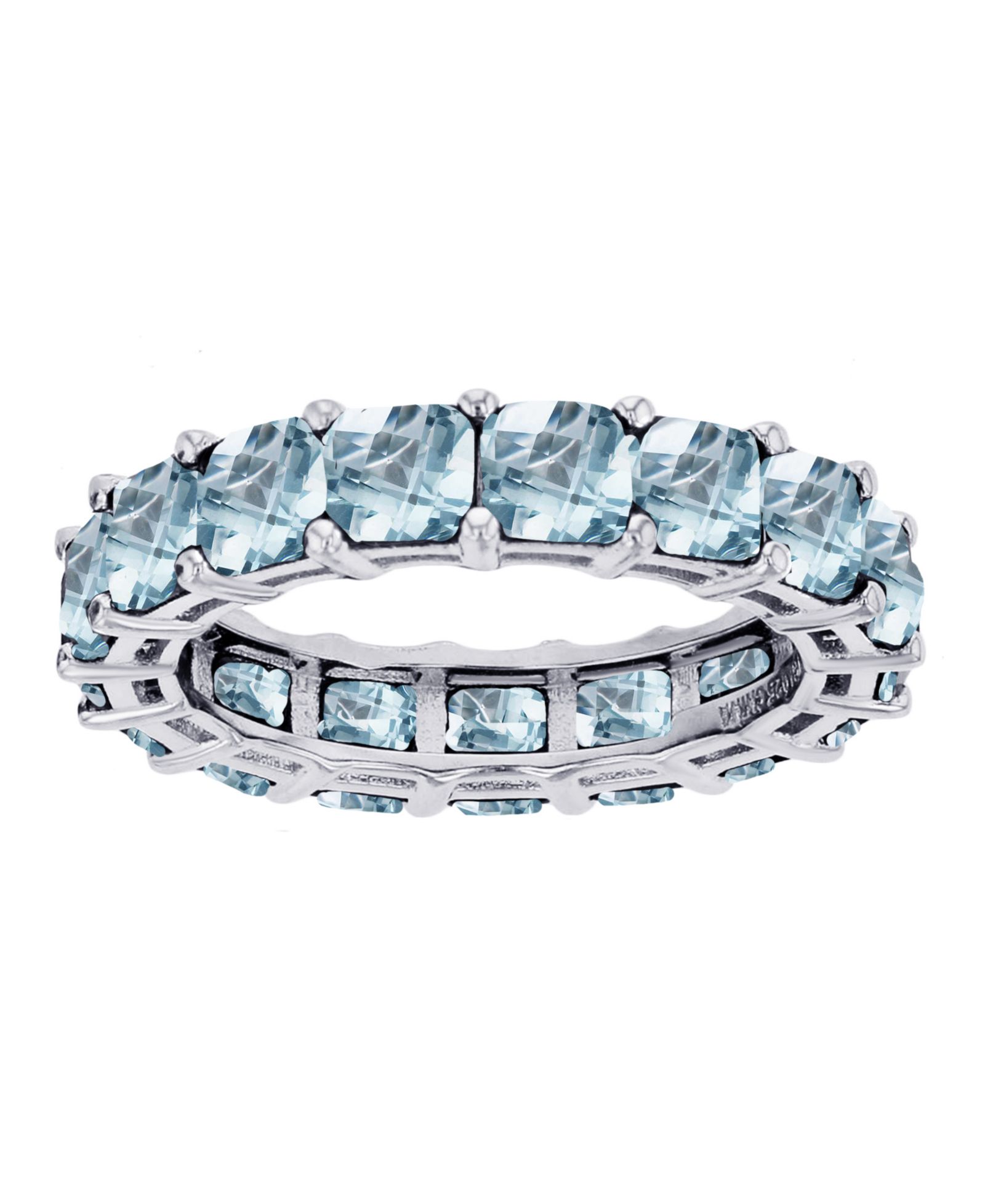 Lab Grown Light Blue Spinel Princess Cut Eternity Band in Rhodium Plated Sterling Silver