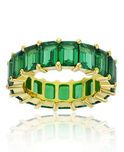 Green Emerald Cut Cubic Zirconia Eternity Band in 14k Yellow Gold Plated Sterling Silver