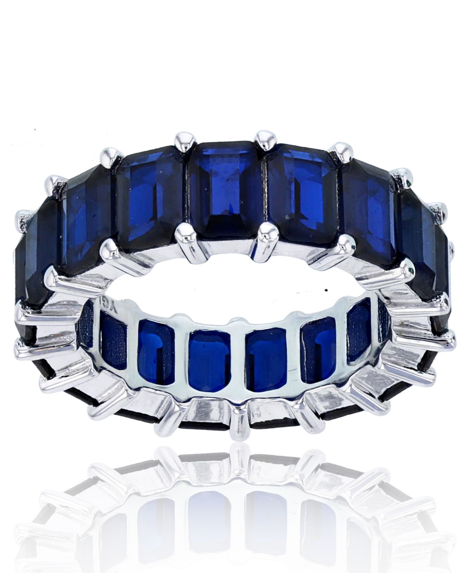 Lab Grown Blue Spinel Emerald Cut Eternity Band in Rhodium Plated Sterling Silver