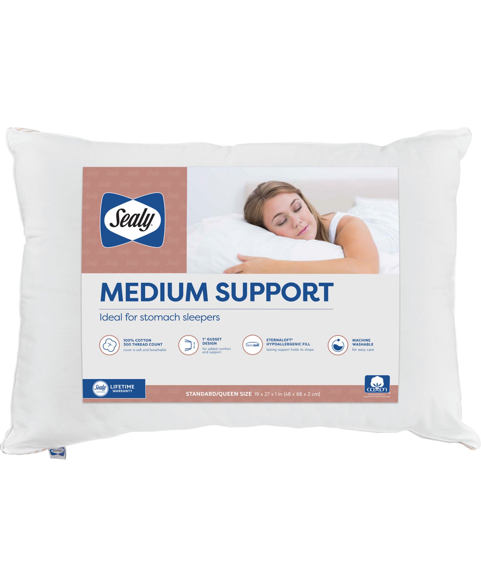 Sealy Medium Support Stomach Sleep Pillow, Standard/Queen