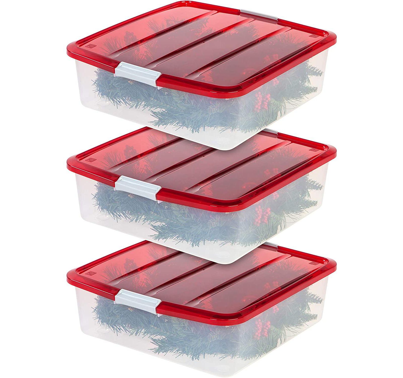 33 Qt. 3-pack Holiday Wreath Storage Container Box with Lid, Clear/Red