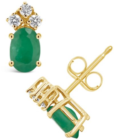 Серьги-гвоздики с изумрудом (1 ct. t.w.) и бриллиантами (1/8 ct. t.w.) из желтого золота 14k