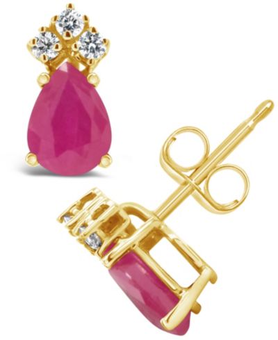 Серьги-гвоздики с рубином (1 ct. t.w.) и бриллиантом (1/8 ct. t.w.) в желтом золоте 14k