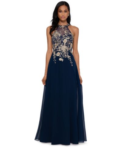 Betsy & Adam Petite Sleeveless Floral-Appliqué Illusion Gown