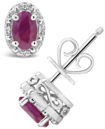 Серьги-гвоздики с рубином (1-1/5 ct. t.w.) и бриллиантовым акцентом из стерлингового серебра