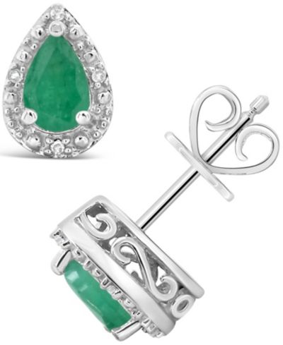 Серьги-гвоздики Macy's Emerald (3/4 ct. t.w.) и Diamond Accent в Sterling Silver
