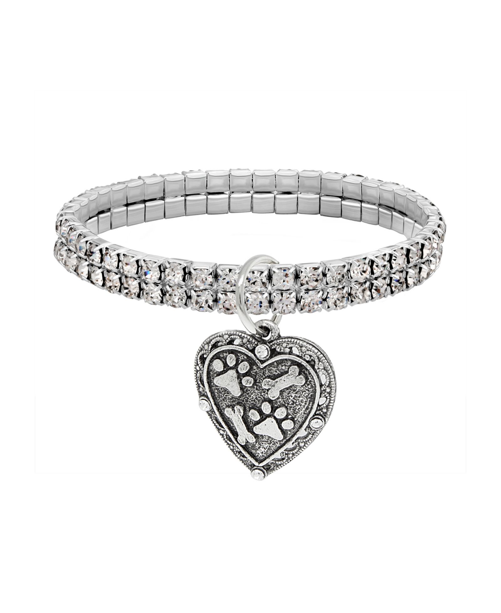 2028 Silver-Tone Two Row Crystal Stretch Bracelet with Paw and Bones Heart Charm