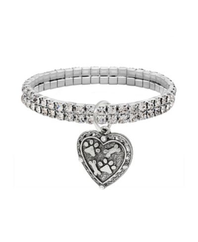 2028 Silver-Tone Two Row Crystal Stretch Bracelet with Paw and Bones Heart Charm