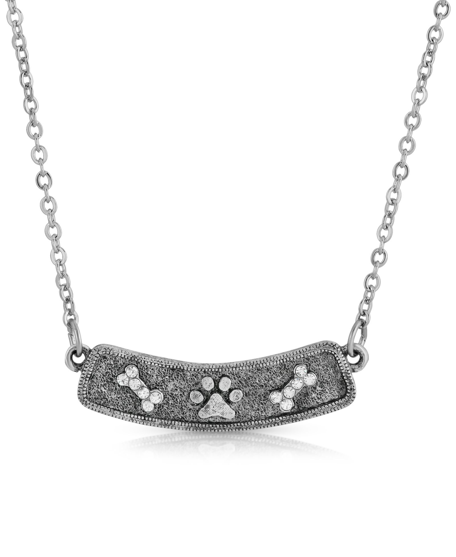 2028 Pewter Crystal Bone and Paw Bar Necklace