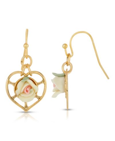 2028 14K Gold-Dipped Heart with Porcelain Rose Earrings