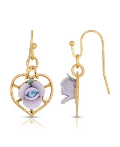 2028 Серьги с сердцем и фарфоровой розой, 14K Gold-Dipped