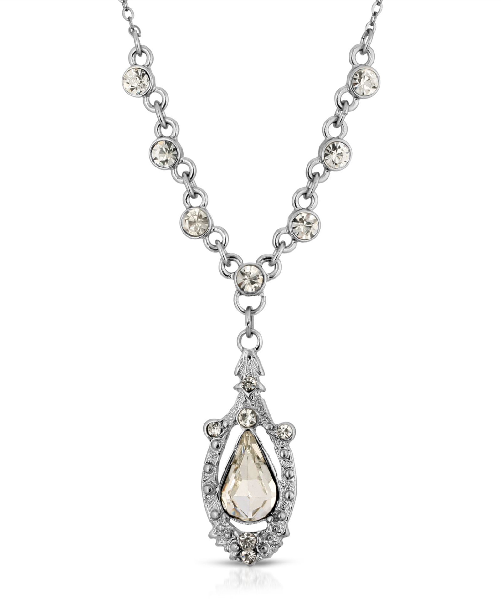 2028 Silver-Tone Crystal Suspended Teardrop Necklace