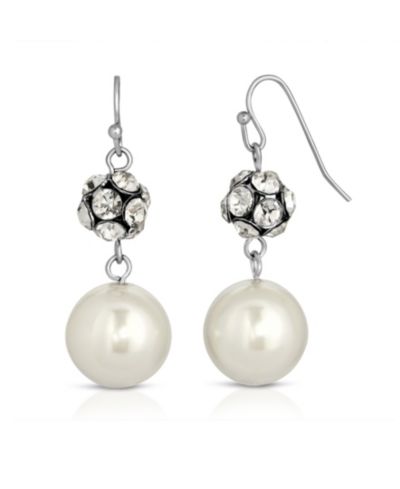 2028 Silver-Tone Imitation Pearl and Crystal Fireball Drop Earrings